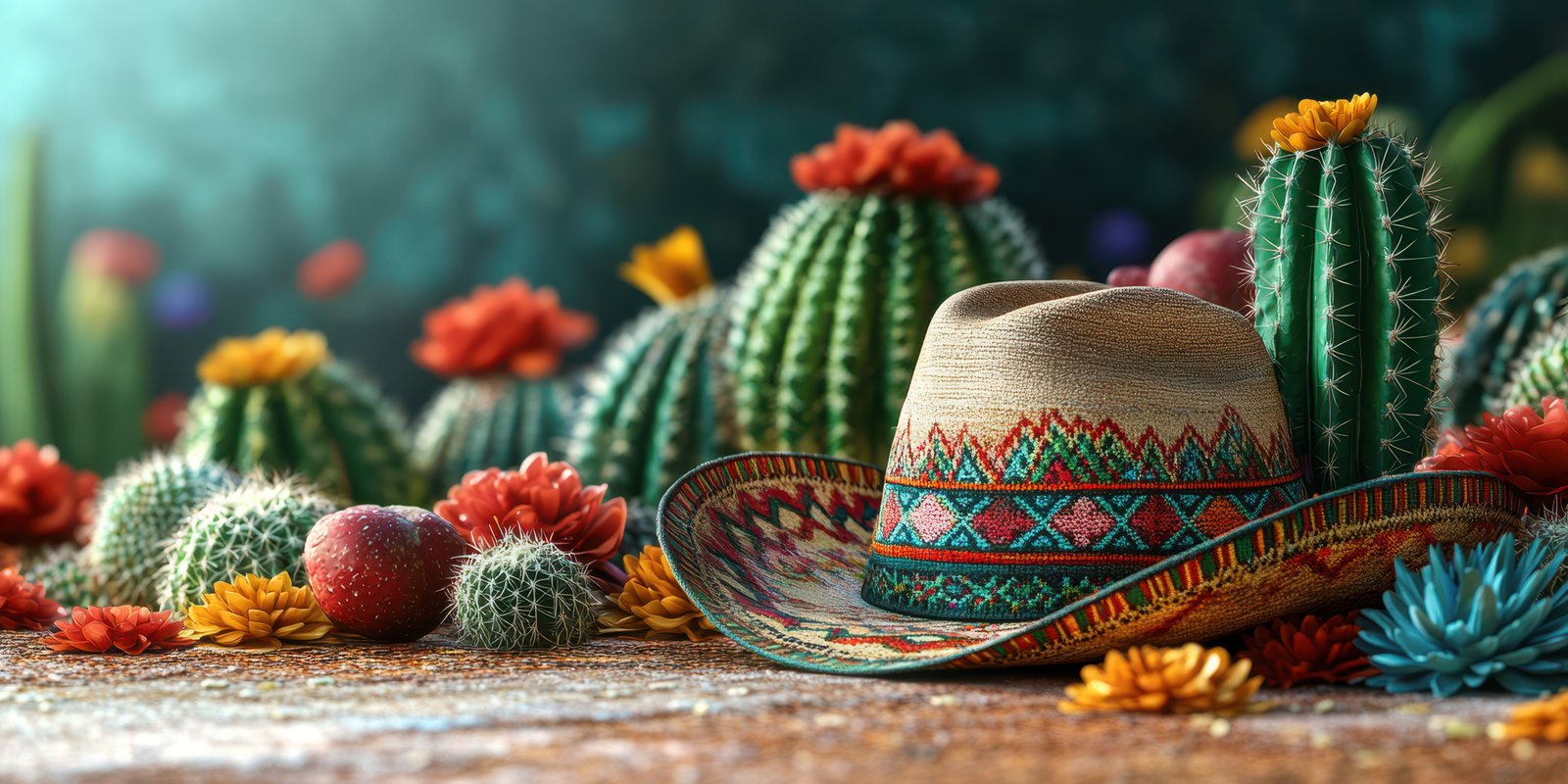Colorful sombrero surrounded by vibrant cacti and blooming flowers in a sunny desert landscape